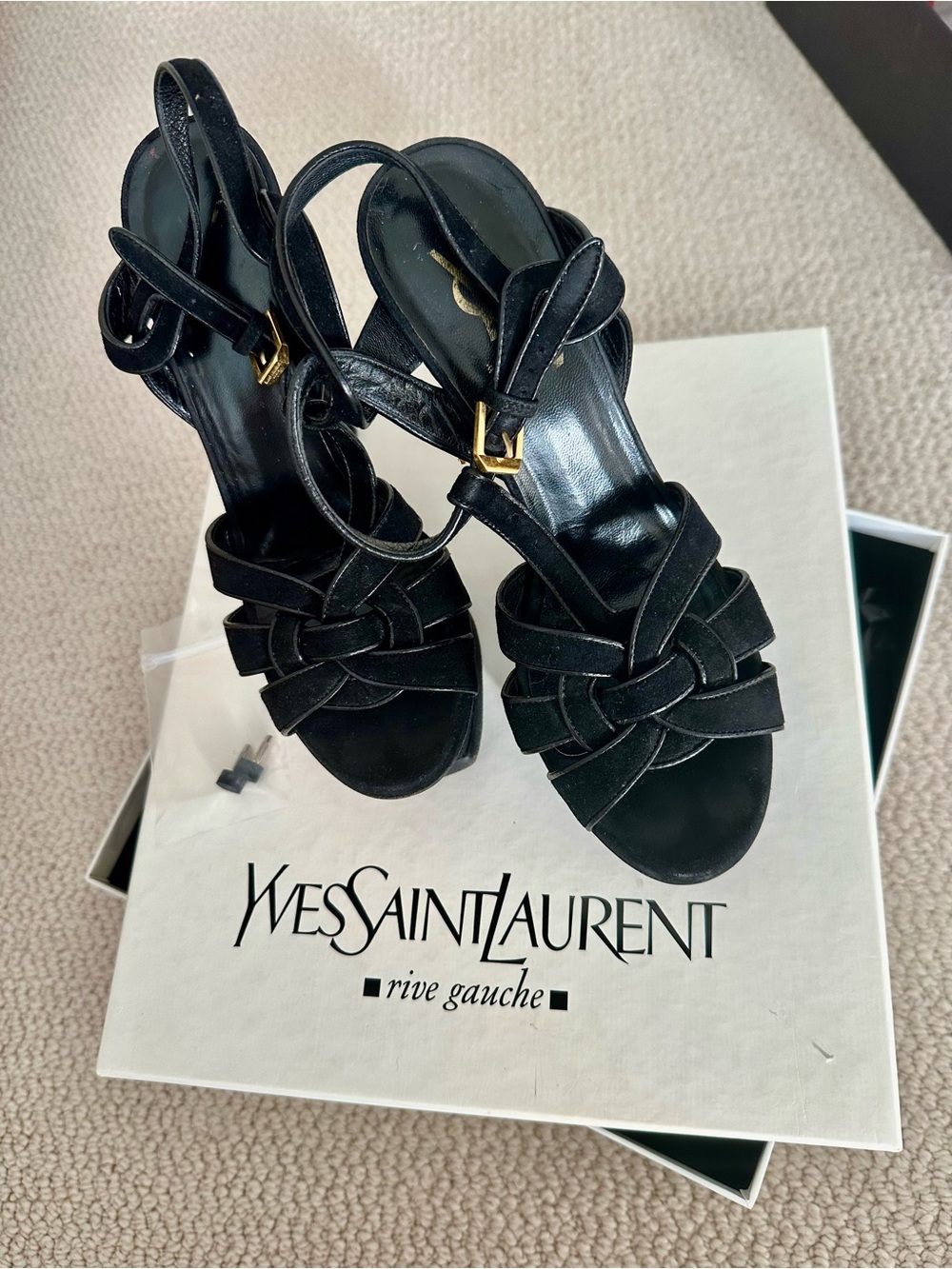 Yves Saint Laurent Black Suede Platform Tribute Sandals Size 36